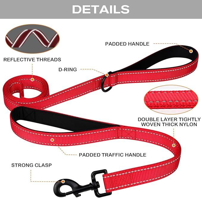Joytale Dog Leash Heavy Duty for Large Dogs That Pull, Double Handle for Traffic Control, Double-Sided Reflective Leashes for Large Medium Dogs Night Safety, 4FT, Red