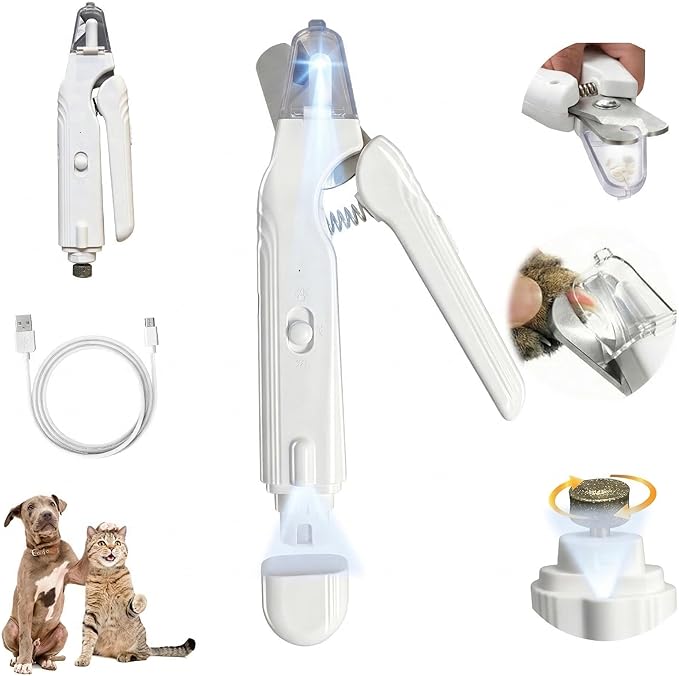 2-in-1 Dog Nail Clippers & Cat Nail Clipper with 2 LED Lights, USB Rechargeable with Safety Guard, Low Noise Grooming Tool for Small, Medium, and Large Dog & Cat Nail Trimmer(White)