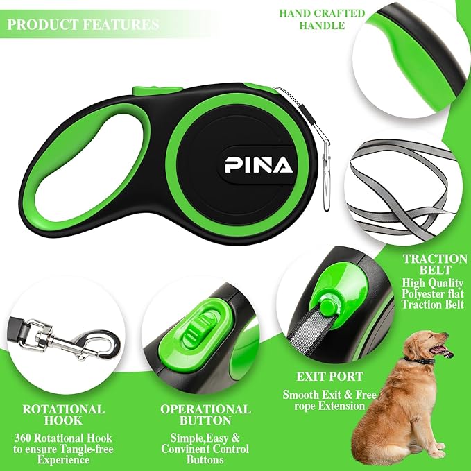 PINA Retractable Dog Leash, 10ft Dog Leash for Small Dogs Up to 33lbs, 360° Tangle-Free Strong Reflective Nylon Tape, with Anti-Slip Handle, One-Handed Brake, Lock - Black Green