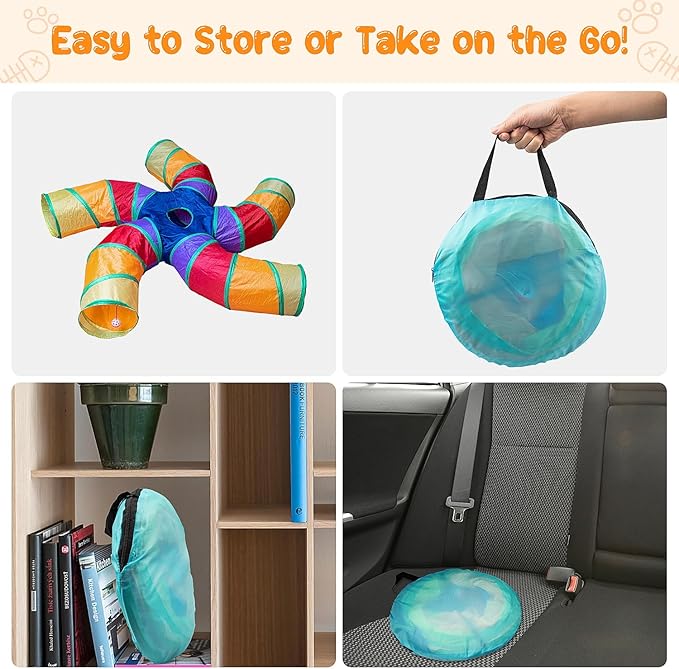 Depets Cat Tunnel for Indoor Cats, 5 Way Large Cat Play Tunnel & Tube with Play Ball, S-Shaped Folded Pet Tube with Interactive Peephole, Ideal for Indoor Exercise for Kittens Puppies Rabbits