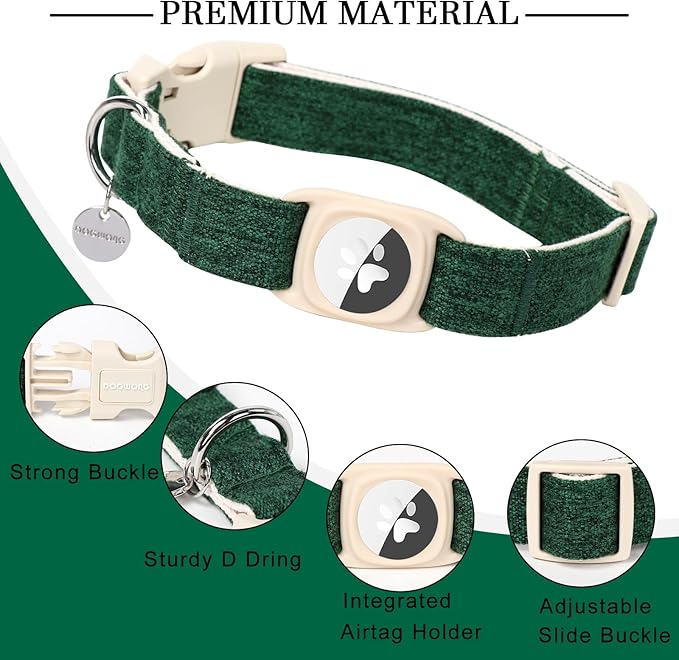 DOGWONG Airtag Cotton Hemp Dog Collar, Heavy-Duty Dog Collar with Airtag Holder Christmas Deep Green Natural Fabric Cute Puppy Necklace for Small Medium Large Dogs