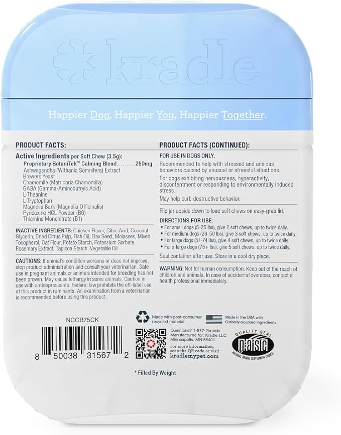 Kradle Calming Chews for Dogs - Anxiety and Stress Support - L-Theanine Ashwagandha GABA - Calming Supplement for Relaxation and Stress - Chicken Flavor- 75 Chews