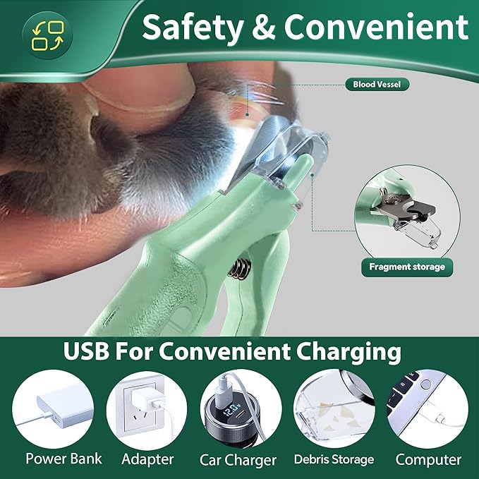 2 in 1 Dog Nail Clippers & Cat Nail Clippers Trimmers for Large Medium Small Dogs Cats Claw Trimmer Quick Sensor and Safety Guard USB Rechargeable Dogs Nail Trimmer with Catcher & 2 LED Lights