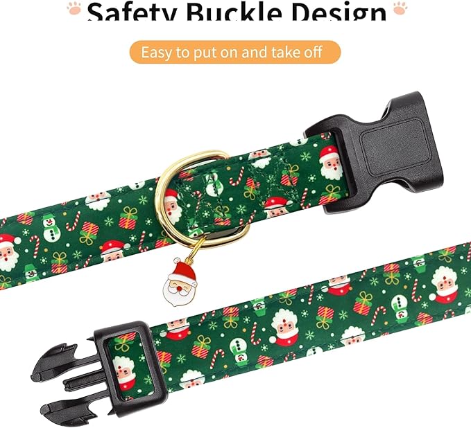 Christmas Dog Collar,Adjustable Cute Puppy Collar with Santa Claus Patterned Design for Small Medium Large Dogs,Soft Pet Collar with Safety Buckle for Girl Boy Dogs (Green Santa, Medium)