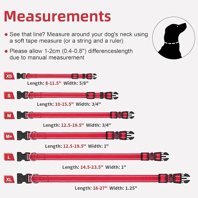 Reflective Dog Collar for Mediunm Dogs, Adjustable Collar with Soft Neoprene Padded, Durable Buckle for Daily Walking,Red,M, 1" Width
