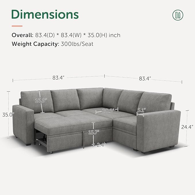 HONBAY Modular Sectional Sleeper Sofa with Pull Out Bed, Chenille L Shaped Couch with Storage Seats, Convertible Sectional Couches for Living Room, Warm Grey