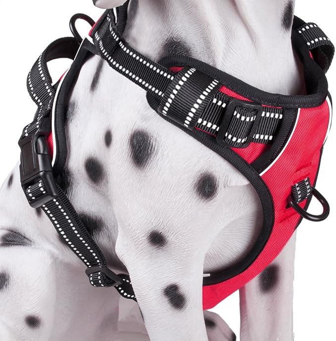 PoyPet No Pull Dog Harness, Reflective Comfortable Vest Harness with Front & Back 2 Leash Attachments and Easy Control Handle Adjustable Soft Padded Pet Vest for Small to Large Dogs (Red,L)