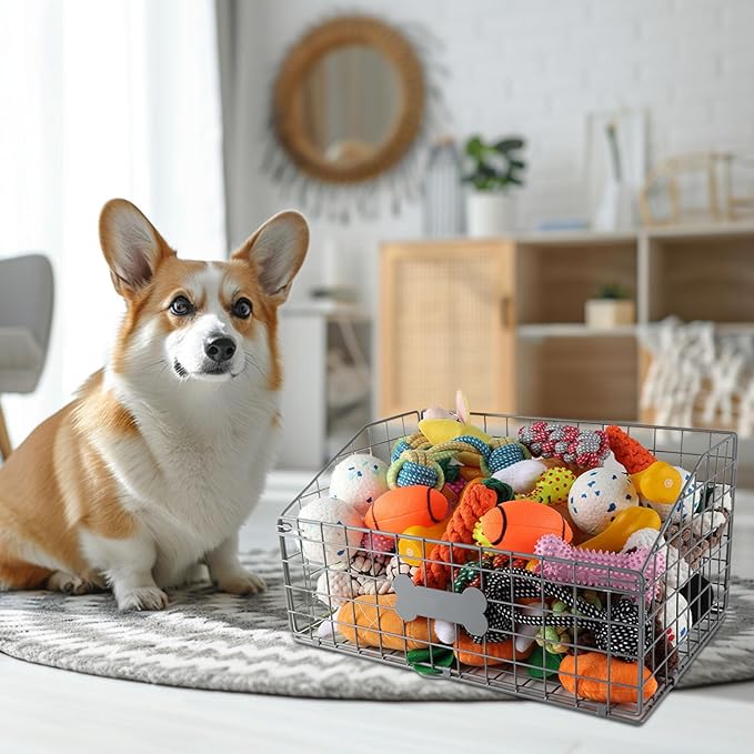 Dog Toy Basket,Large Metal Dog Toy Bin,Toy Box with Personalized Bone Plaque,Pet Toy Storage Boxes for Living Room,Toy Containers for Medium and Small Dogs,Puppy Toy Organizer Baskets,Pet Food Storage