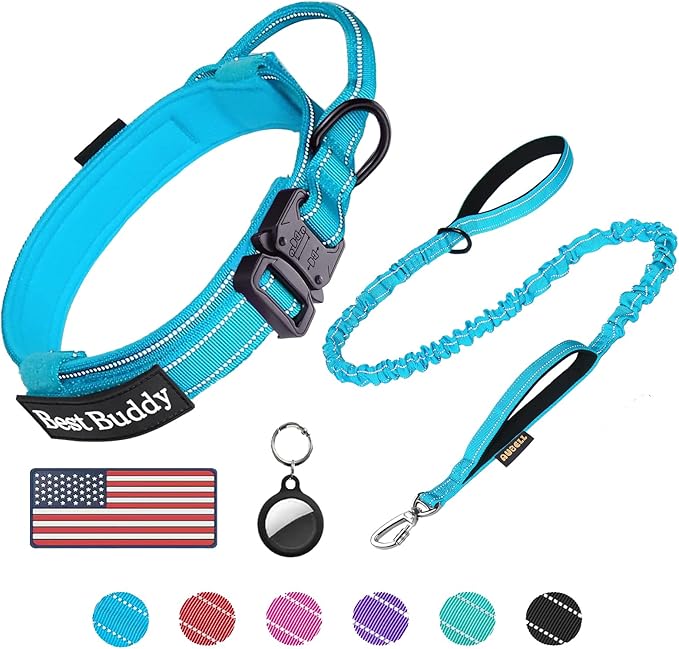 AUBELL Tactical Dog Collar and Leash Set, Reflective Adjustable Heavy Duty Military K9 Collars with Handle and Metal Buckle for Extra Large Dogs, with Airtag Case and 2 Patches(Blue,XL)