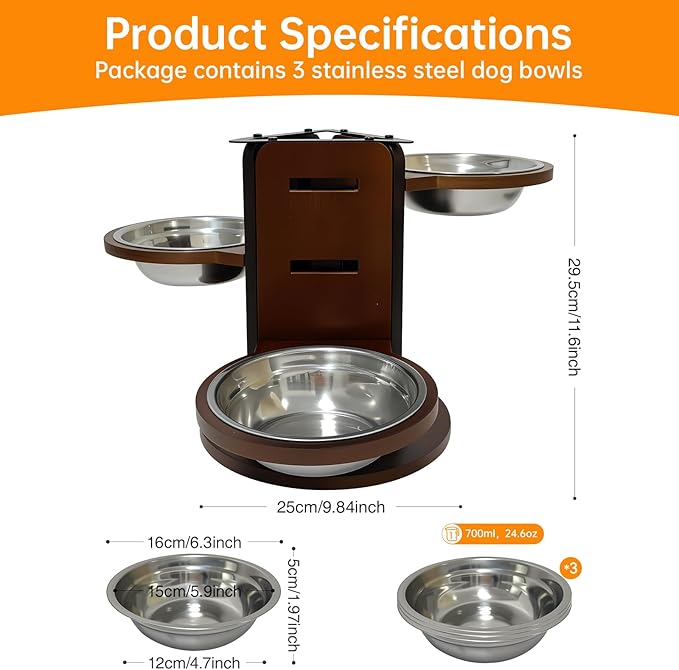 Adjustable 3-in-1 Elevated Dog Bowls, Bamboo Dog Bowl Stand (3.6"/6.3"/9.2") with 3 Stainless Steel Bowls, 3 Heights Adjustable Pet Feeding Station for Cats/Small/Medium/Large Dogs