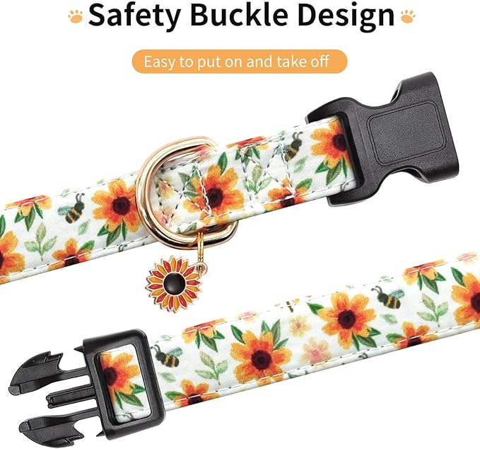 Cotton Dog Collar,Adjustable Cute Puppy Collar with Moon Patterned Design for Small Medium Large Dogs,Soft and Fancy Pet Collar with Safety Buckle for Girl Boy Dogs (Yellow Sunflower, Medium)