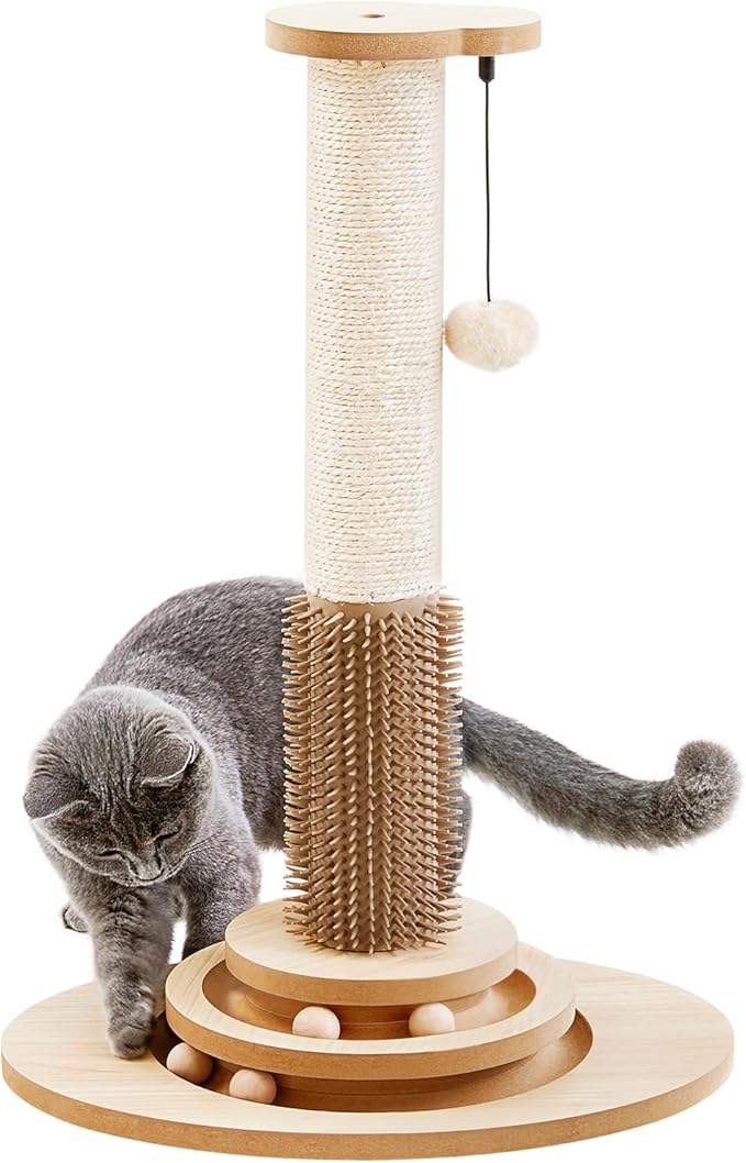 Made4Pets Cat Scratching Post, 23" Tall Sisal Cat Scratcher Post with Self Groomer, 4-in-1 Interactive Trackball Toys with Hair Brush, Vertical Cat Climbing Tree with Dangling Plush Balls