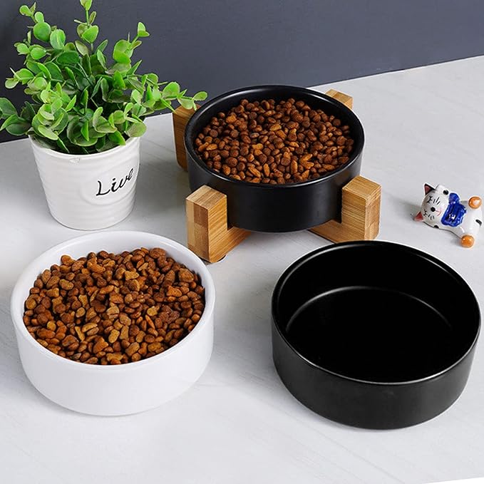 Petygooing Ceramic Black Cat Dog Bowl Set with Stand,Small Dog Bowls, Pet Food and Water Dish, Anti Slip Set of 2 Cat Bowl-Pet Food Dishes- Pet Bowls Small Size Pet (13.5OZ/5.1 in)