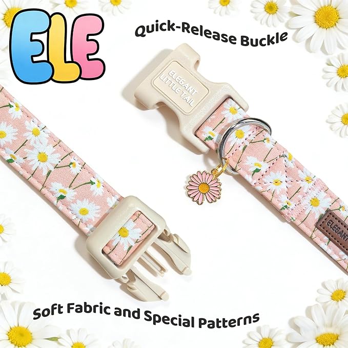 Elegant little tail Dog Collar, Pink Daisy Print Spring Soft Cotton Puppy Collars Adorable Female Pet Gift Lightweight Plastic Adjustable Dog Collar for Small Dogs