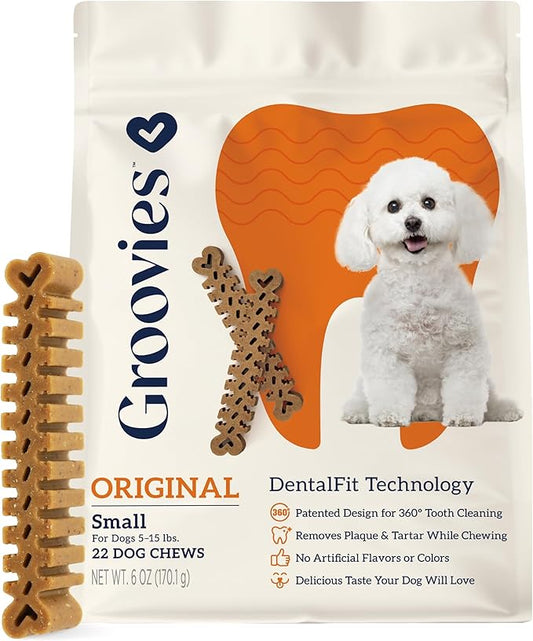 Groovies Flexible, Yet Moderately Tough Daily Dog Dental Chews. Powered by USA-Patented DentalFit Technology. No Added Gluten, No Artificial Flavors or Colors. Original 6oz (Small 22Chews)