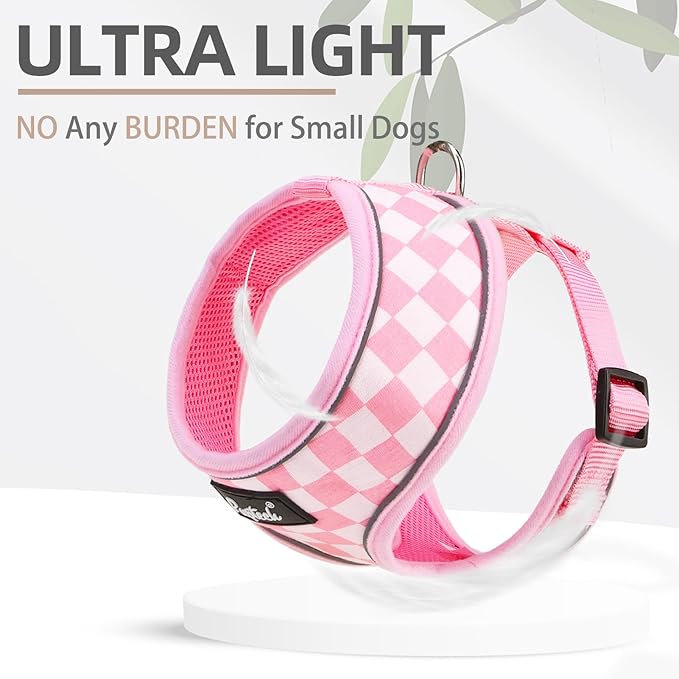 PUPTECK Soft Mesh Dog Harness and Leash Set Pet Puppy Cat Comfort Padded Vest No Pull Harnesses, Checkered Pink&White, XS