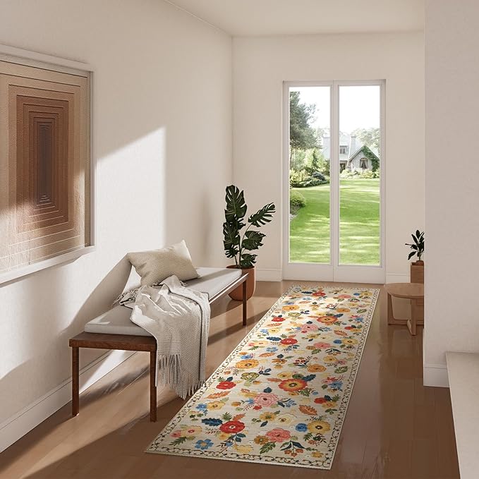 Machine Washable Runner Rug for Hallway: 2'6"x8' Kitchen Runners Rug with Rubber Backing Non Slip Stain Resistant Floral Floor Rug Soft Carpet Runners for Indoor Entryway Bedroom Bedside Living Room