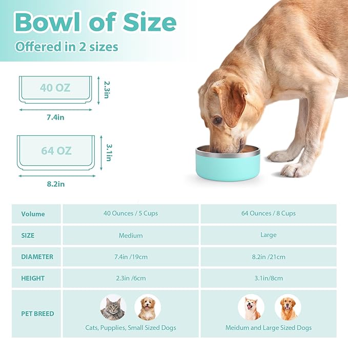 Stainless Steel Dog Bowl - Metal Water and Food Dish for Large Dogs, Insulated, Non-Slip, Easy Clean, 40oz, MintGreen