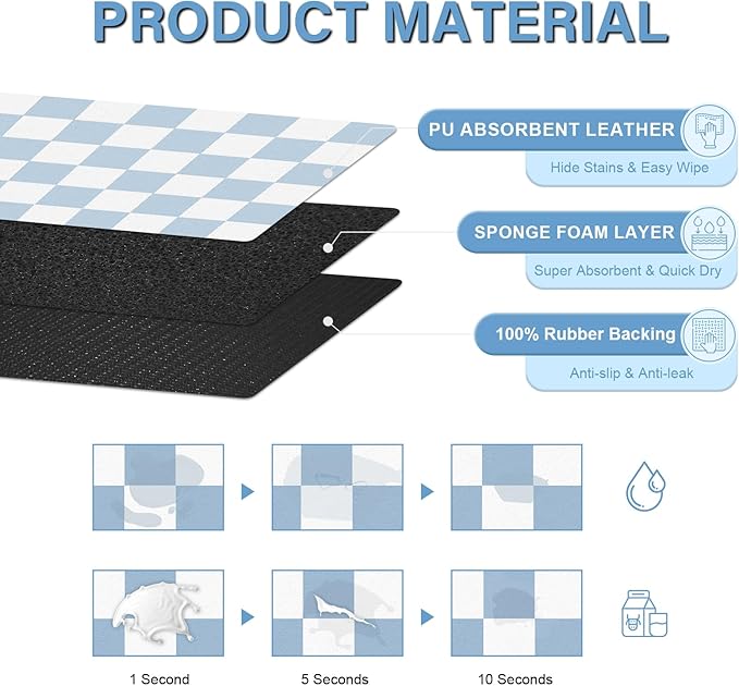 Cat Food Mat - 12"x 20" Cat Dog Mats for Food and Water Bowl, Checkered Pet Placemat Feeding Mat, Non-Slip Under Pet Bowls Mats for Messy Drinkers, Blue & White