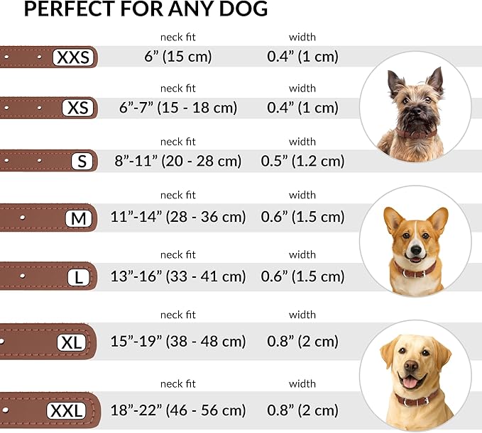 CollarDirect Rolled Leather Dog Collar, Soft Padded Round Puppy Collar, Handmade Genuine Leather Collar Dog Small Large Cat Collars Black Pink Red Purple Blue (Fits 16"-20" Neck, Brown)