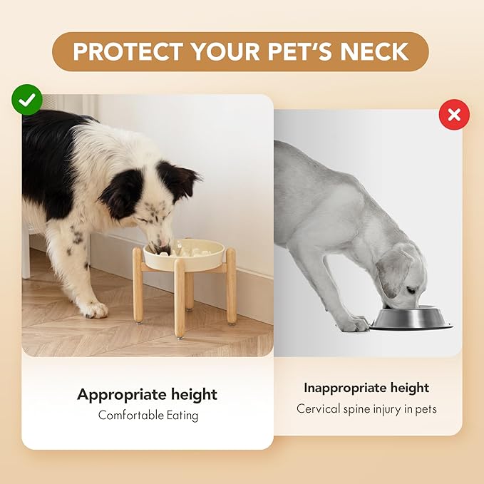 Ceramic 1.6 Cup Dog Raised Slow Feeder Set, Elevated Bowl with Wooden Stand for Medium and Large Dog, 8.2inch Slow Feeder Dish for Fast Easters, Anti-Gulping(Beige, Single Bowl+ Stand)