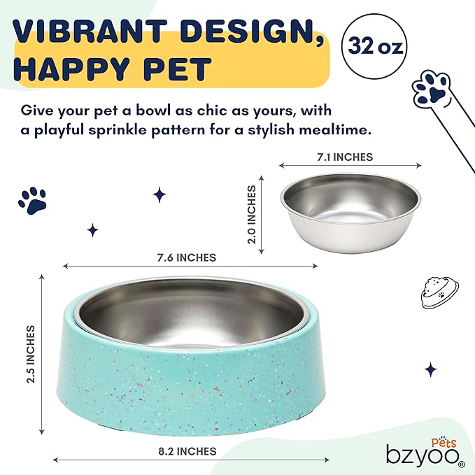 bzyoo 32oz 4CUP Elevated Dog & Cat Bowl, Sprinkle Design, Slanted Stainless Steel Pet Bowl with Removable Inner Bowl, Non-Slip Silicone Base, Dishwasher Safe, for Dry/Wet/Raw Food & Water Green