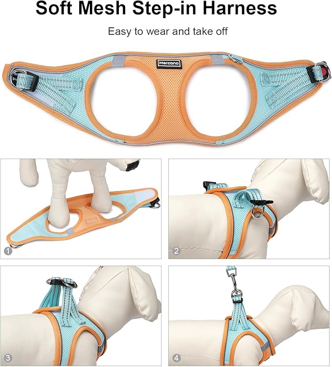 Mercano Soft Mesh Dog Harness and Leash Set, No-Chock Step-in Reflective Breathable Lightweight Easy Walk Vest Harnesses with Safety Buckle for Small Dogs, Cats (XL, Orange Blue)