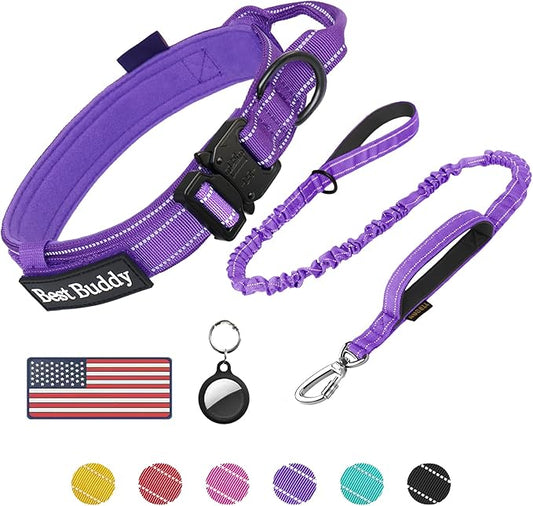 AUBELL Tactical Dog Collar and Leash Set, Reflective Adjustable Heavy Duty Military K9 Collars with Handle and Metal Buckle for Large Dogs, with Airtag Case and 2 Patches(Purple,L)