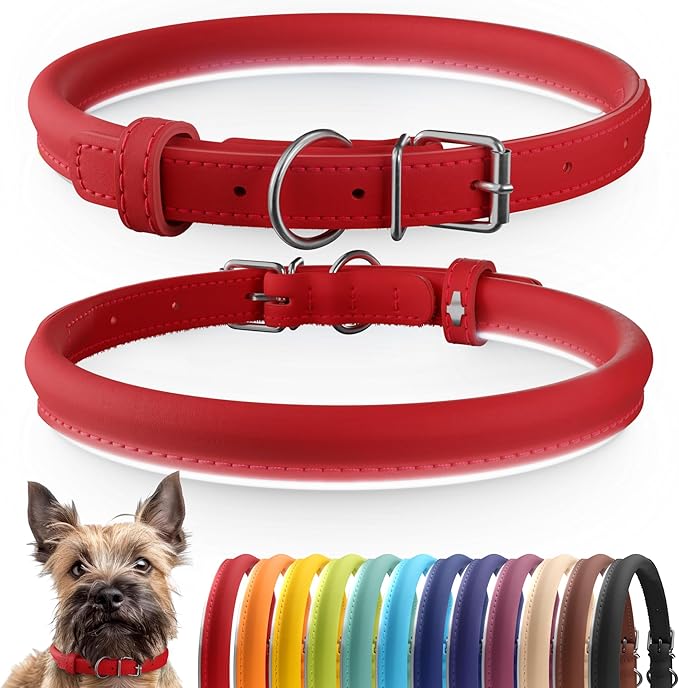 CollarDirect Rolled Leather Dog Collar, Soft Padded Round Puppy Collar, Handmade Genuine Leather Collar Dog Small Large Cat Collars 13 Colors (6-7 Inch, Red Smooth)