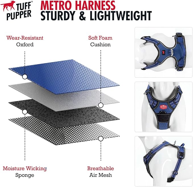 Tuff Pupper No Pull Easy Walk Dog Harness | Heavy Duty Pet Vest | Front & Back Leash Clips | Strong Safety Handle | Reflective Anti Pull Vest | Comfortable Padded Escape Proof Harness (Medium, Blue)