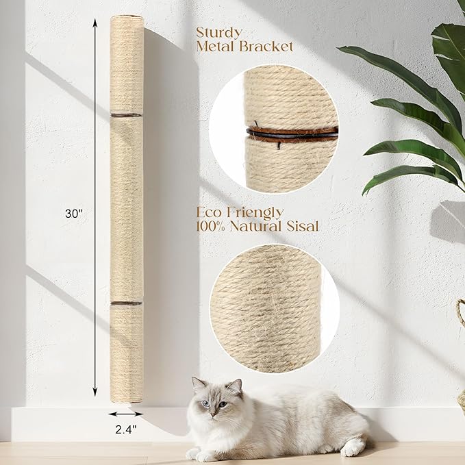 2 Pcs 30" Wall Mounted Cat Scratching Post for Large Cats, Wall Mounted Sisal Scratching Post, Furniture for Indoor Cats Climb Stretch Play, Tall and Sturdy Cat Climbing Pole, Wooden