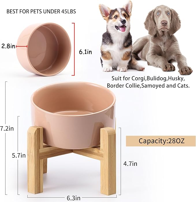 Petygooing Khaki Elevated/Raised 15°Slanted Ceramic Dog Bowl for Small and Medium Breeds, Tilted Anti Slip Pet Feeding Bowl,Food Water Dish with Stand for Cats and Dogs (28 OZ/3.6 Cups)
