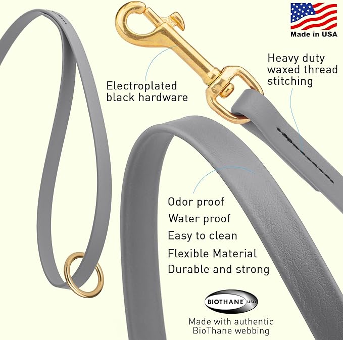 Viper Biothane K9 Working Dog Leash Waterproof Lead for Tracking Training Schutzhund Odor-Proof Long Line with Solid Brass Snap for Puppy Medium and Large Dogs 4ft, Battleship Gray
