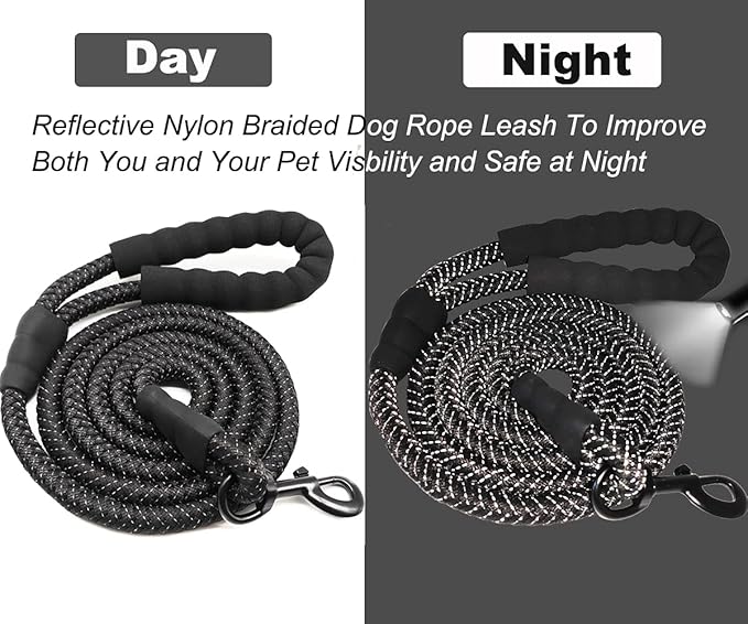 Black Dog Leash, 6 FT Heavy Duty Rope Dog Leash with Padded Handle Strong Nylon Reflective Leads for Medium Large Dogs, Training, Walking (1/2")