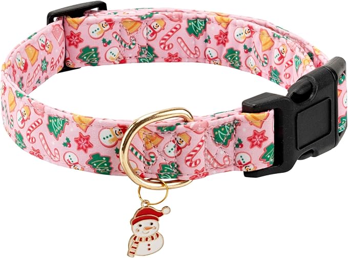 Christmas Dog Collar,Adjustable Cute Puppy Collar with Snowman Patterned Design for Small Medium Large Dogs,Soft and Fancy Pet Collar with Safety Buckle for Girl Boy Dogs (Pink Snowman, L)