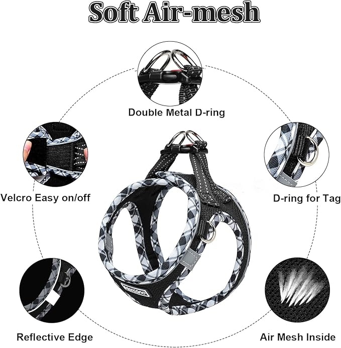 Mercano Soft Mesh Dog Harness and Leash Set, No-Chock Step-in Reflective Breathable Lightweight Escape Proof Vest Harnesses with Safety Buckle for Small Dogs, Cats (Black White, M)