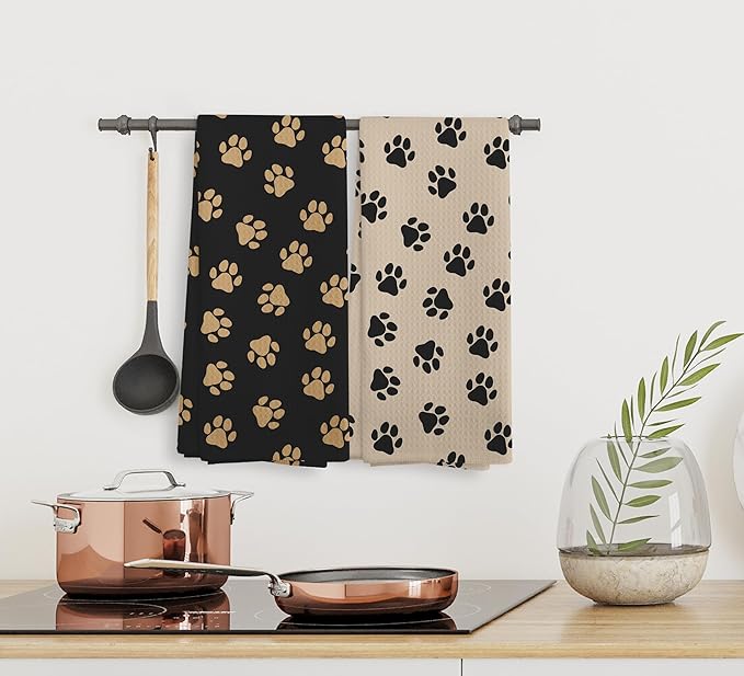 Black and Brown Dog Paws Kitchen Towels and Dishcloths Set of 2, Dog Paw Print Towels, Dog Dish Towels, Cute Dog Brown Hand Towels for Bathroom, Dog Paws Gifts for Dog Lovers Women,16×24Inch