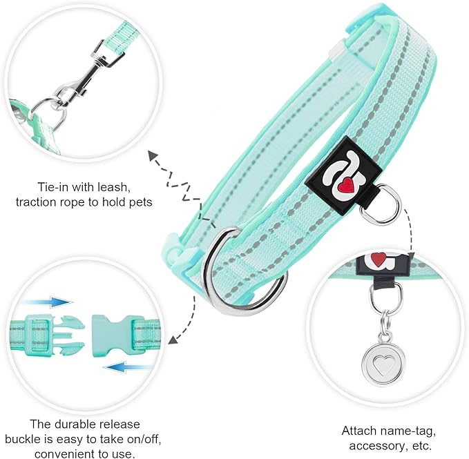 azuza Reflective Dog Collar with Airtag Holder, Soft Neoprene Padded Pet Collar with ID Tag Ring, Adjustable for Small Dogs,Teal,S