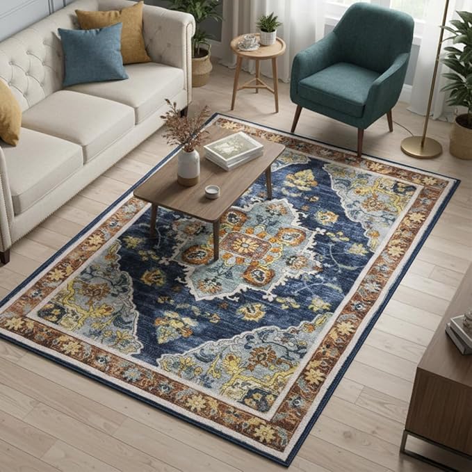 Muddy Mat짰 Mosaic 5ft x 7ft Washable Area Rugs for Living Room, Bedroom & Dining Room ??Modern Soft Low Pile Non Slip Carpet ??Pet Friendly Waterproof Foldable Rugs for Home