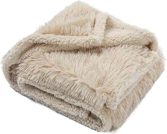 Waterproof Calming Dog Blanket Cream Long Faux Fur Pet Throw Blankets for Medium Dogs Cats Couch Sofa Covers Love Bed Cover Washable(Cream,L-65x57in)