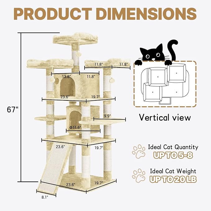 67 Inch Indoor Cat Tree/Multi-Tier Large Cat Climbing Shelf for Big Cats/Tower with Condo/Cozy Plush Perch/Corner Cat Climbing Tree/Sisal Scratching Post and Hammock (Beige)