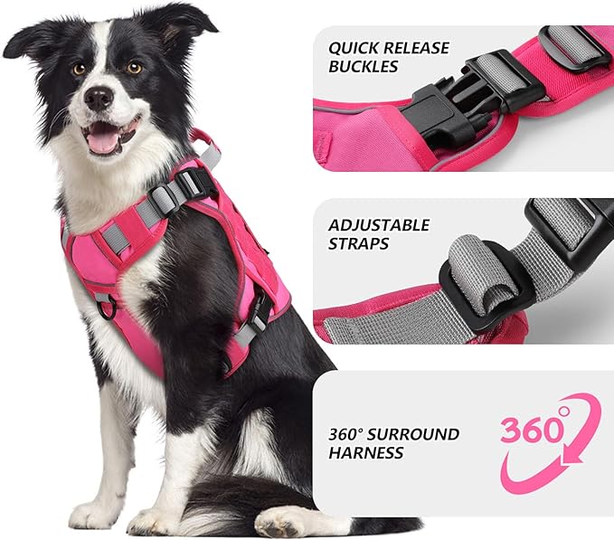 WINGOIN Pink Tactical Dog Harness with Handle Tactical Dog Harness for Large Dogs No Pull Adjustable Pet Harness Reflective K9 Military Service Dog Vest for Walking Hiking Training (L)