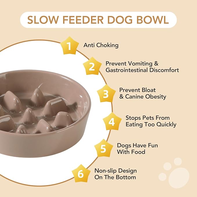Ceramic 1.2 Cup Dog Raised Slow Feeder Set, Elevated Bowl with Wooden Stand for Medium and Small Dog, 7.3inch Slow Feeder Dish for Fast Easters(Brown Coffee, Single Bowl+ Stand)