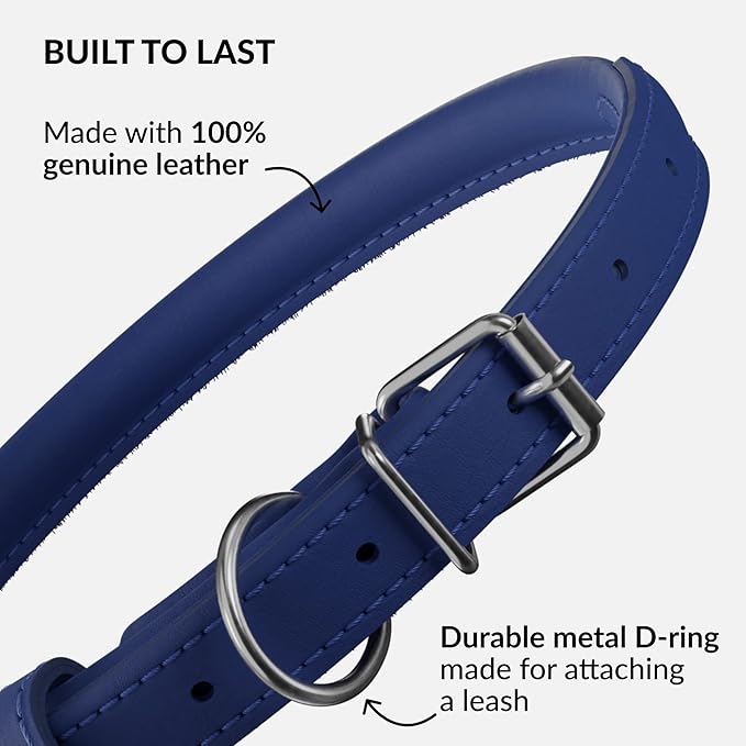 CollarDirect Rolled Leather Dog Collar, Soft Padded Round Puppy Collar, Handmade Genuine Leather Collar Dog Small Large Cat Collars 13 Colors (13-16 Inch, Deep Blue Smooth)