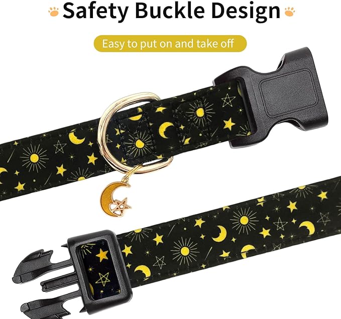 Cotton Dog Collar,Adjustable Cute Puppy Collar with Moon Patterned Design for Small Medium Large Dogs,Soft and Fancy Pet Collar with Safety Buckle for Girl Boy Dogs (Yellow Moon, Medium)