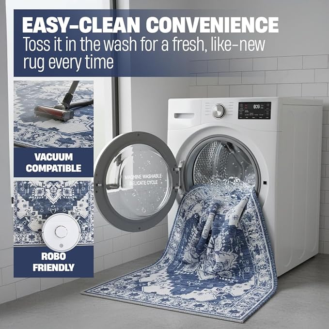 Muddy Mat짰 Navybell 2ft x 7ft Washable Area Rugs for Living Room, Bedroom & Dining Room ??Modern Soft Low Pile Non Slip Carpet ??Pet Friendly Waterproof Foldable Rugs for Home