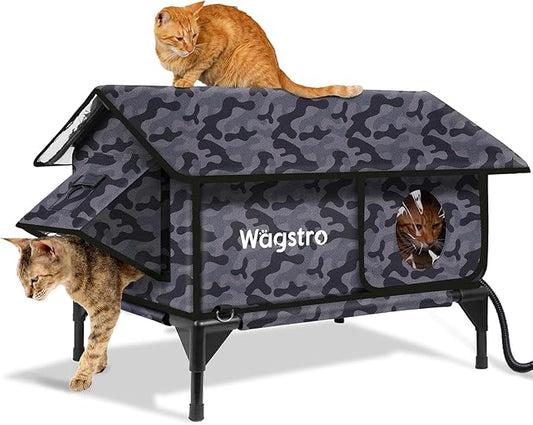 Gable Heated Cat House for Outside Cats in Winter, 100% Waterproof, Escape Door, Elevated, Insulated Outdoor Cat House Shelter with Heater for Feral Cat (Camo Black, 24"x16"x19")