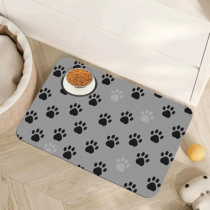 Cat Paw Prints Dog Food Mat for Floors,Gray Black Absorbent Pet Food and Water Bowl Mats,Non-Slip Pet Feeding Mat,Pet Supplies 16" x 24"