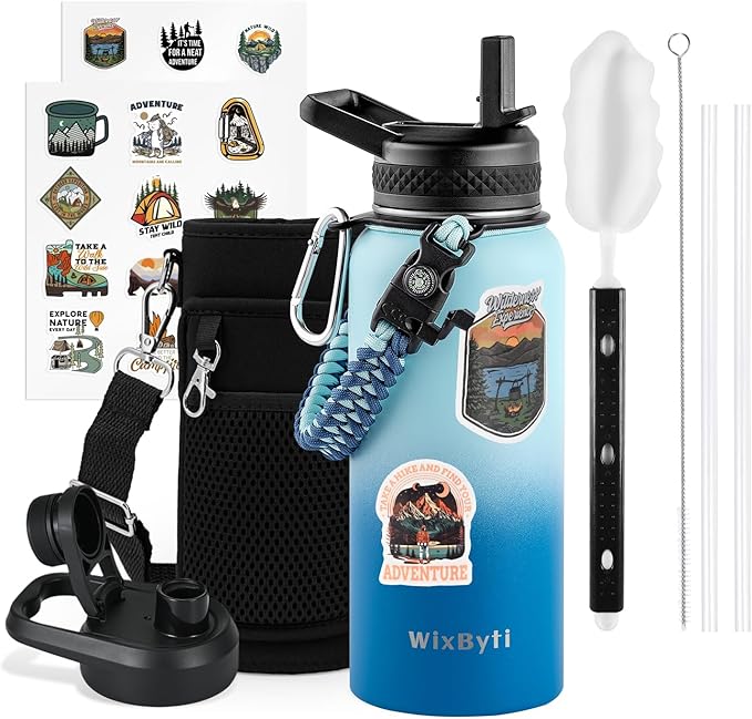 32 oz Insulated Water Bottle with Straw (Cold for 48 Hrs), Stainless Steel Triple Wall Vacuum Sports Water Jug, Leakproof Hydro Cup Flask with Paracord Handle & Straw Spout Lids & DIY Stickers