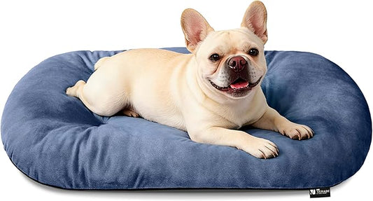 Durable & Washable Dog Bed for Small Medium Dogs & Cats, Plush Faux Silver Fox Fur Oval Bed with Non-Slip Bottom & Supportive Pad, 29”x18” Mist Blue